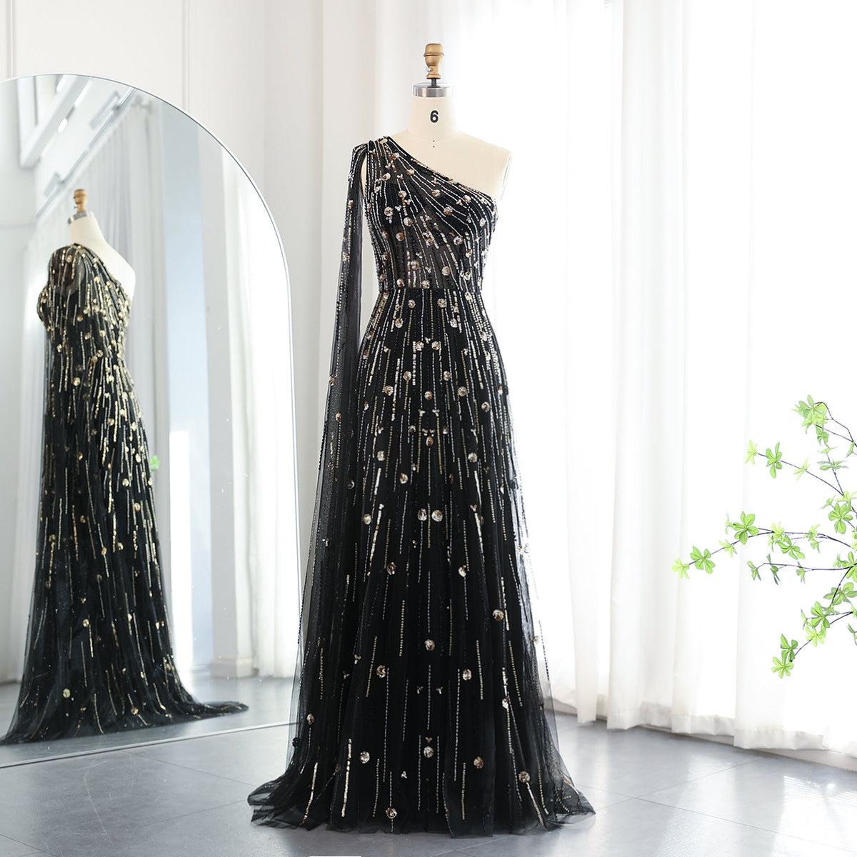 Luxury Beaded Black Evening Dress with Cape Sleeve SS182