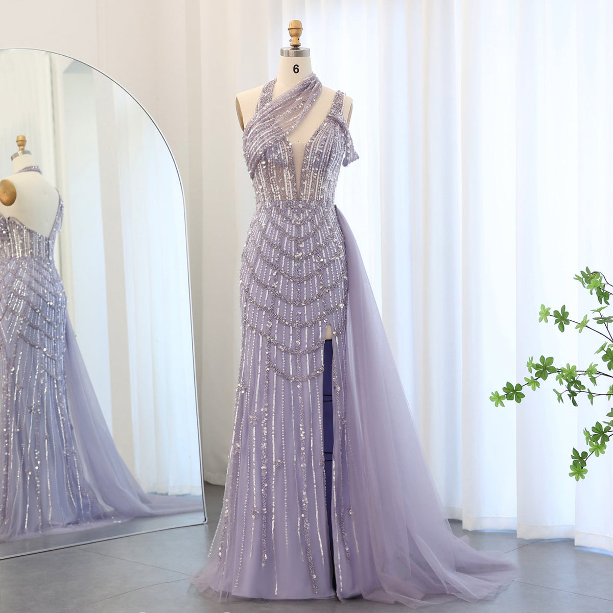 Luxury Beaded Lilac Mermaid Evening Dress with Overskirt SS180