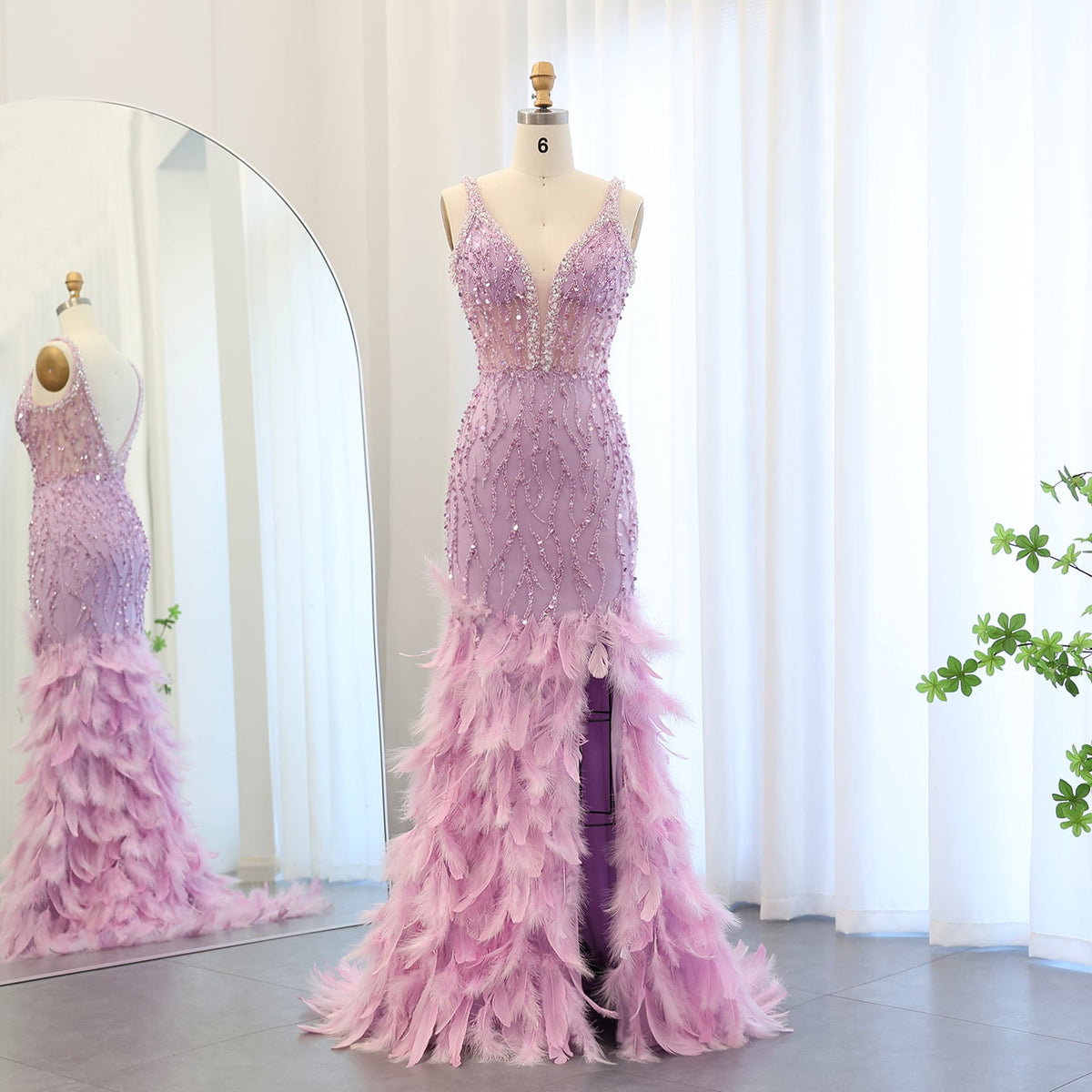Luxury Feathers Pink Crystal V-Neck Mermaid Evening Dresses SS184