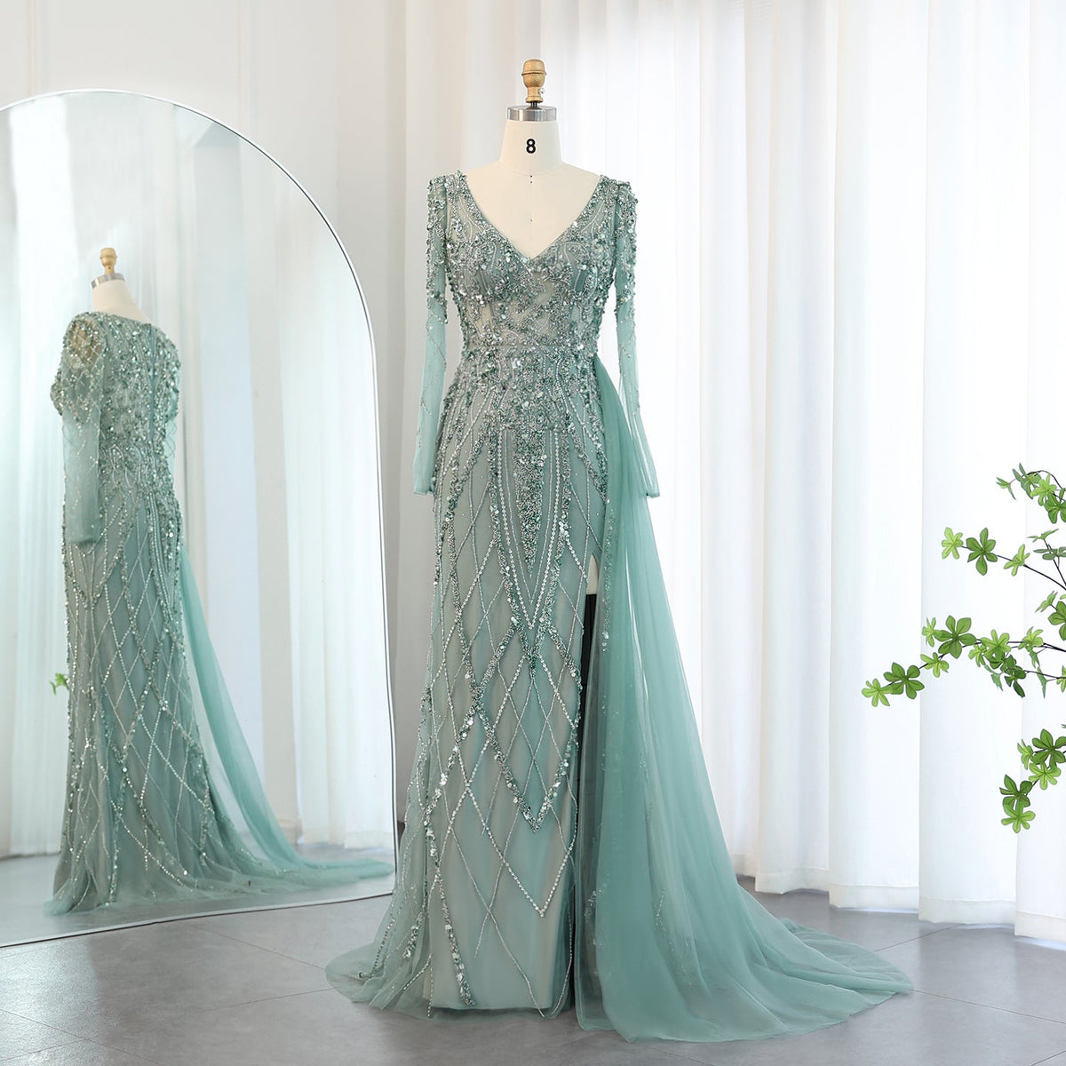 Luxury Beaded Turquoise V-Neck Evening Dress with Overskirt SS181