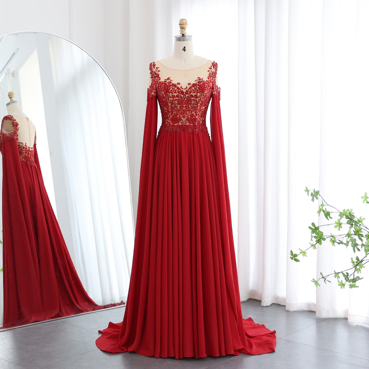Luxury Beaded Wine Red Chiffon Evening Dress with Cape Sleeve SS298