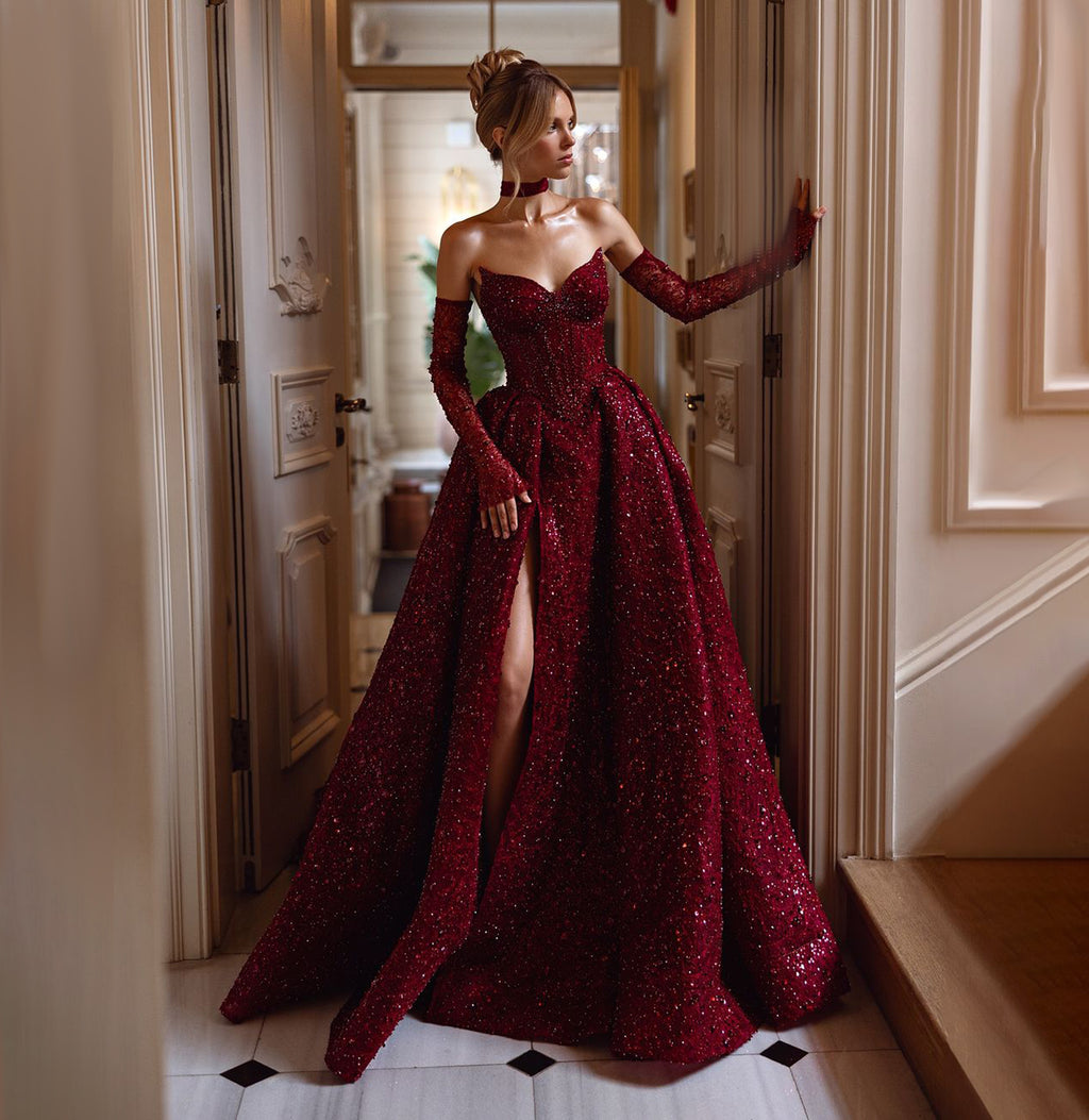 Stunning Burgundy Strapless Sequin Evening Dress with Gloves SF437
