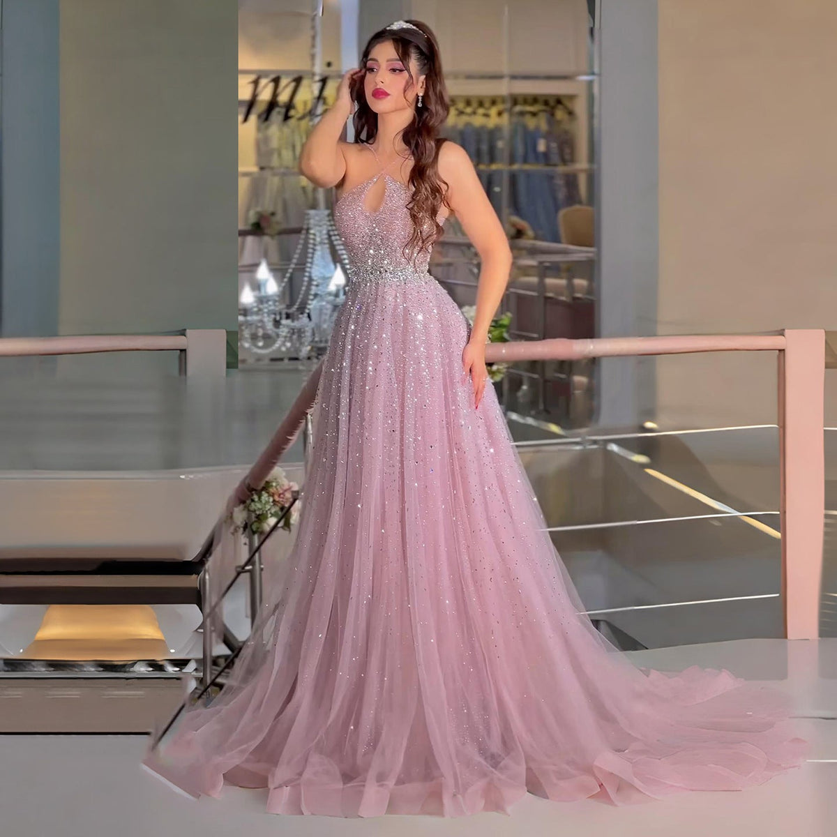 Sparkly Crystal Pink Criss-Cross Pink Evening Dress SS580