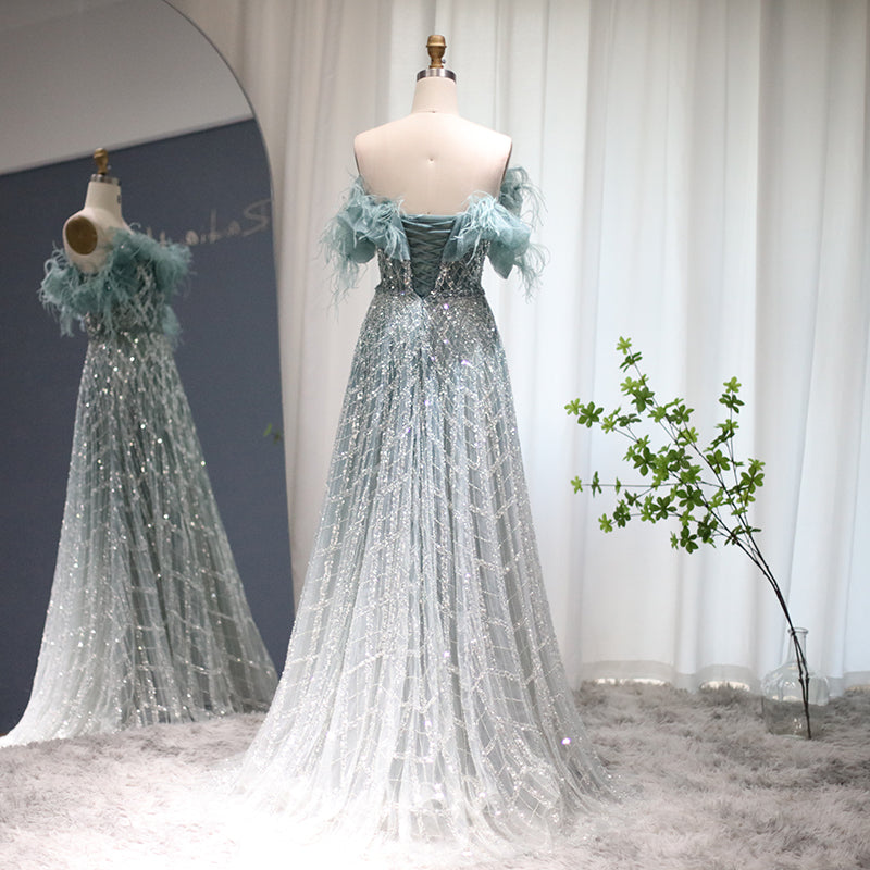 Dreamy Vow Luxury Feathers Green Dubai Evening Dresses 2023 Elegant Off Shoulder Long Formal Dress for Women Wedding Party 303