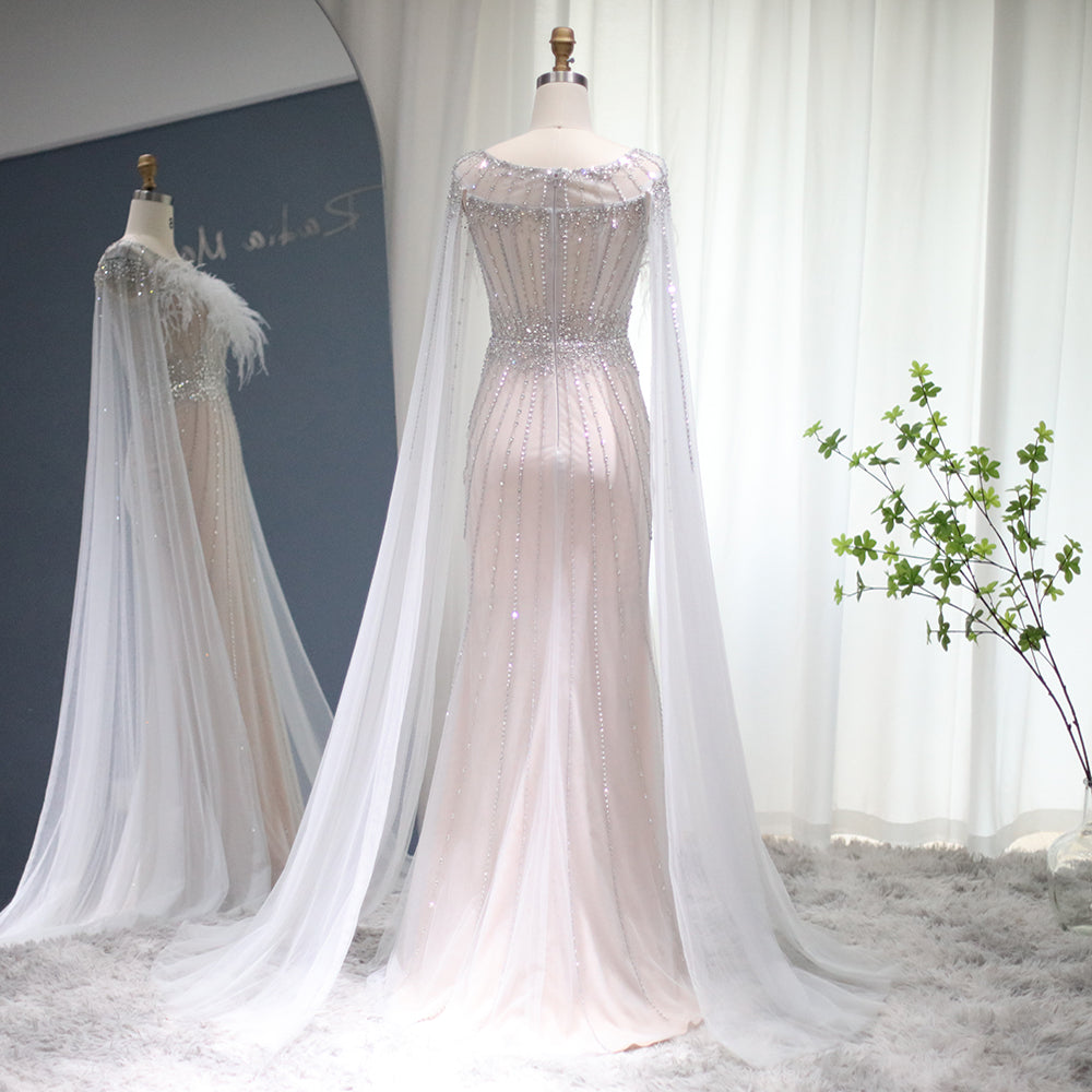 DreamyVow Luxury Feathers Silver Nude Dubai Evening Dress with Cape Sleeves Elegant Long Mermaid Formal Dress for Wedding 348