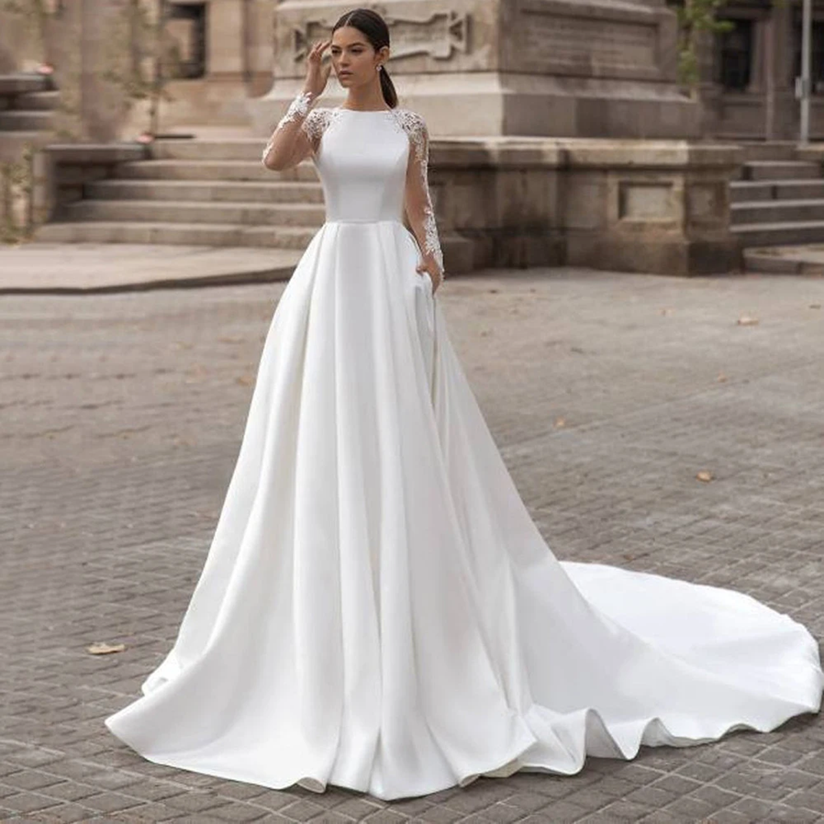 Elegant Embroidery White Long Sleeve A-Line Satin Wedding Dress