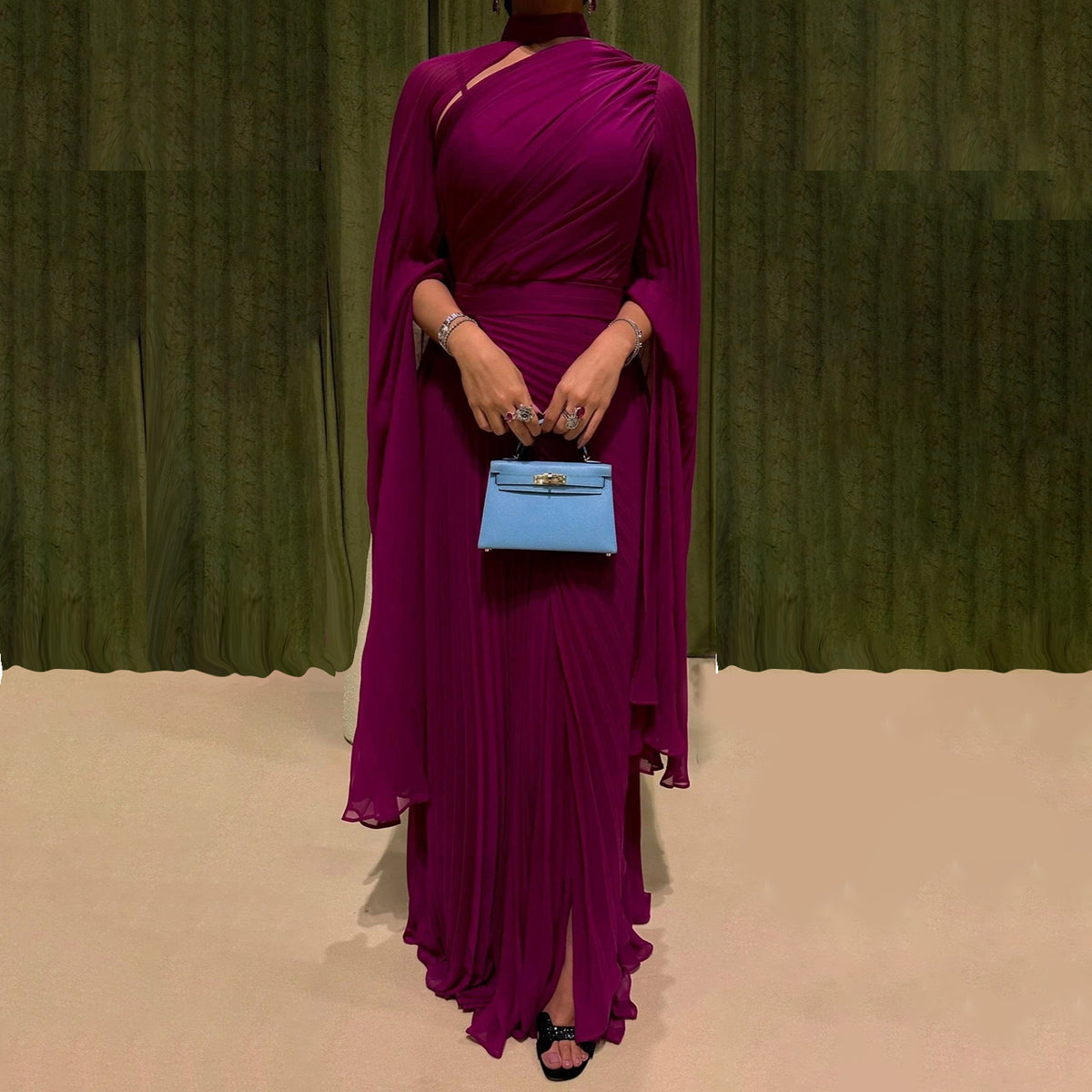 Elegant Purple Mermaid Evening Dress with cap and ruffles SF085