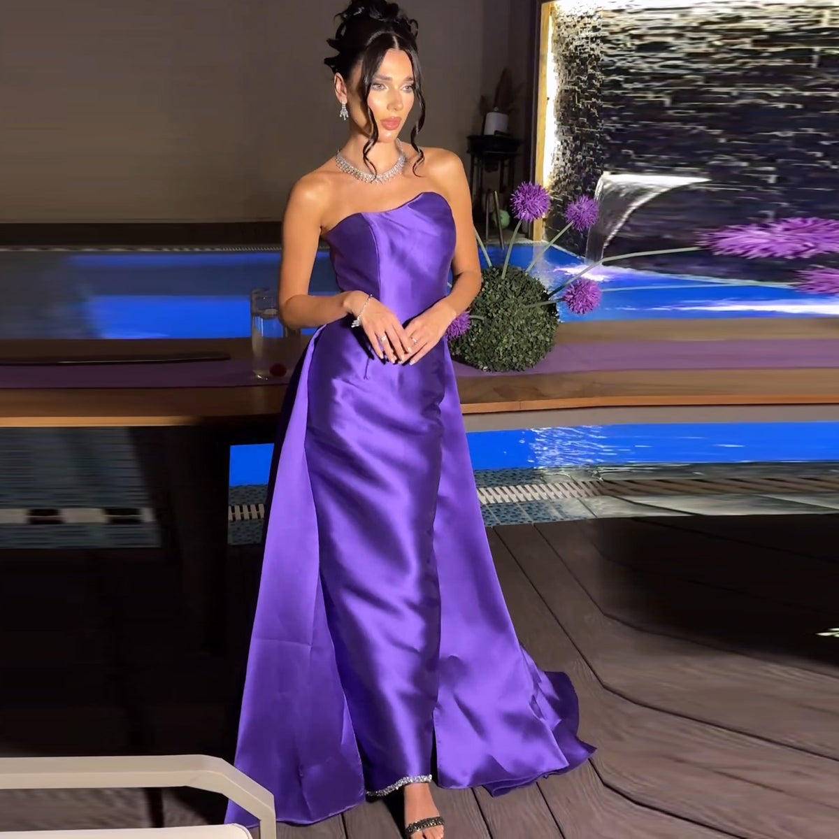 Elegant Purple Beaded Evening Dress with Overskirt SF230