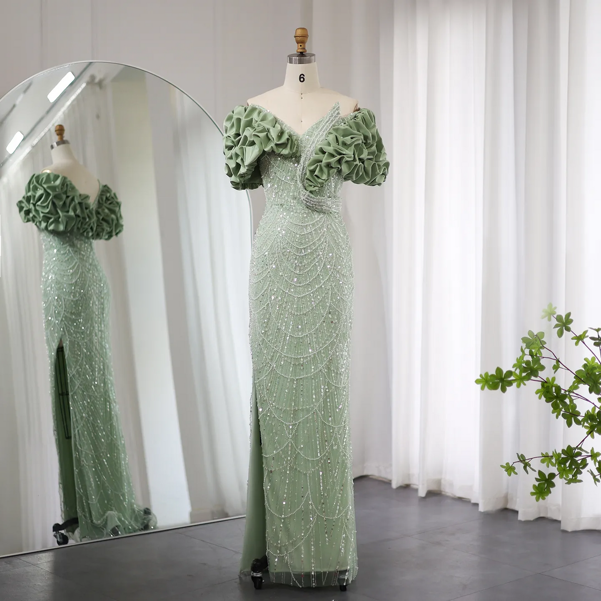 Elegant Sage Green Off Shoulder Mermaid Evening Dress SS288