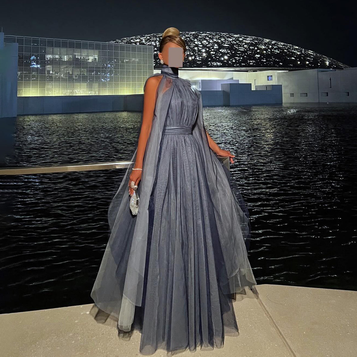 Elegant Blue High Neck A-Line Evening Dress SF117