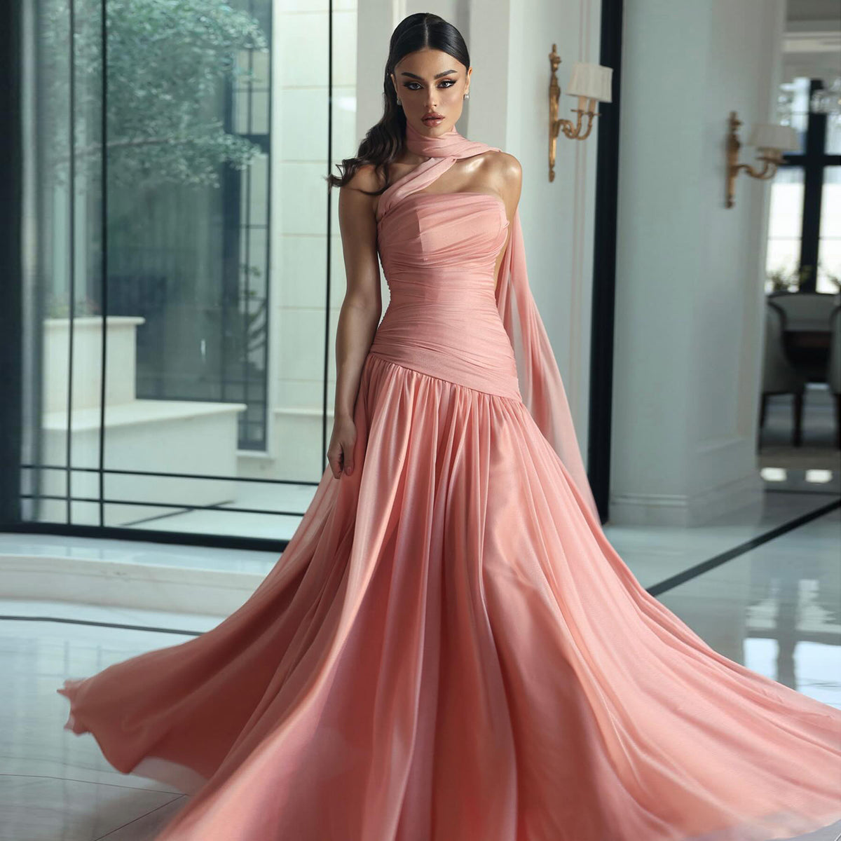Elegant Strapless Pink Evening Dress with Cape SF482