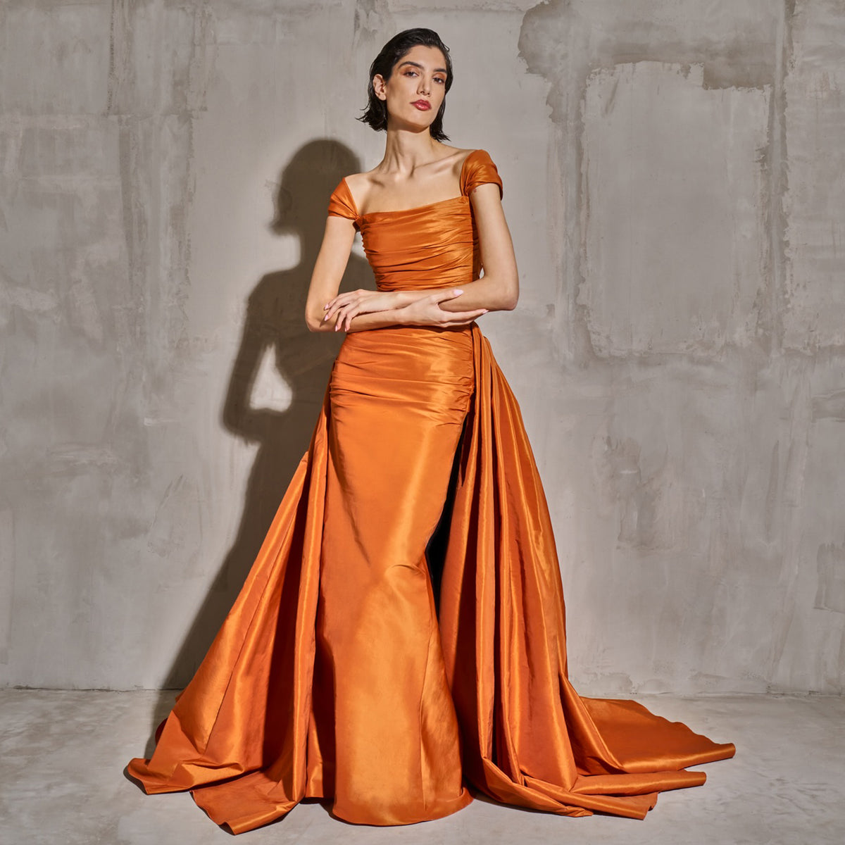 Luxury Orange Off Shoulder Evening Dress with Overskirt SF491