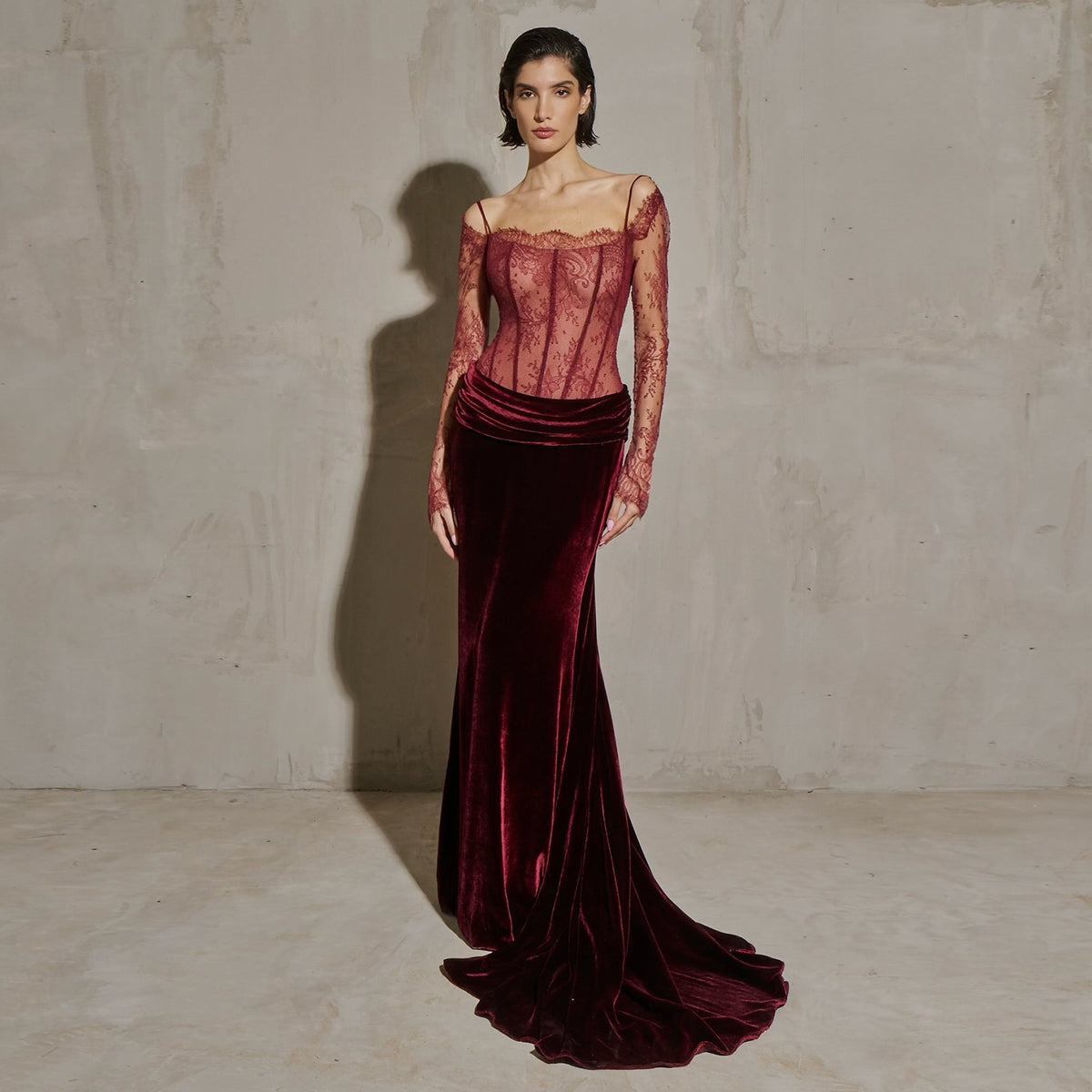 Luxury Wine Red Velvet Printed Evening Dress with Overskirt SF056