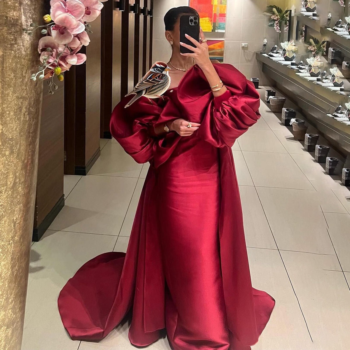 Chic Wine Red Strapless Evening Dress with Overskirt SF158