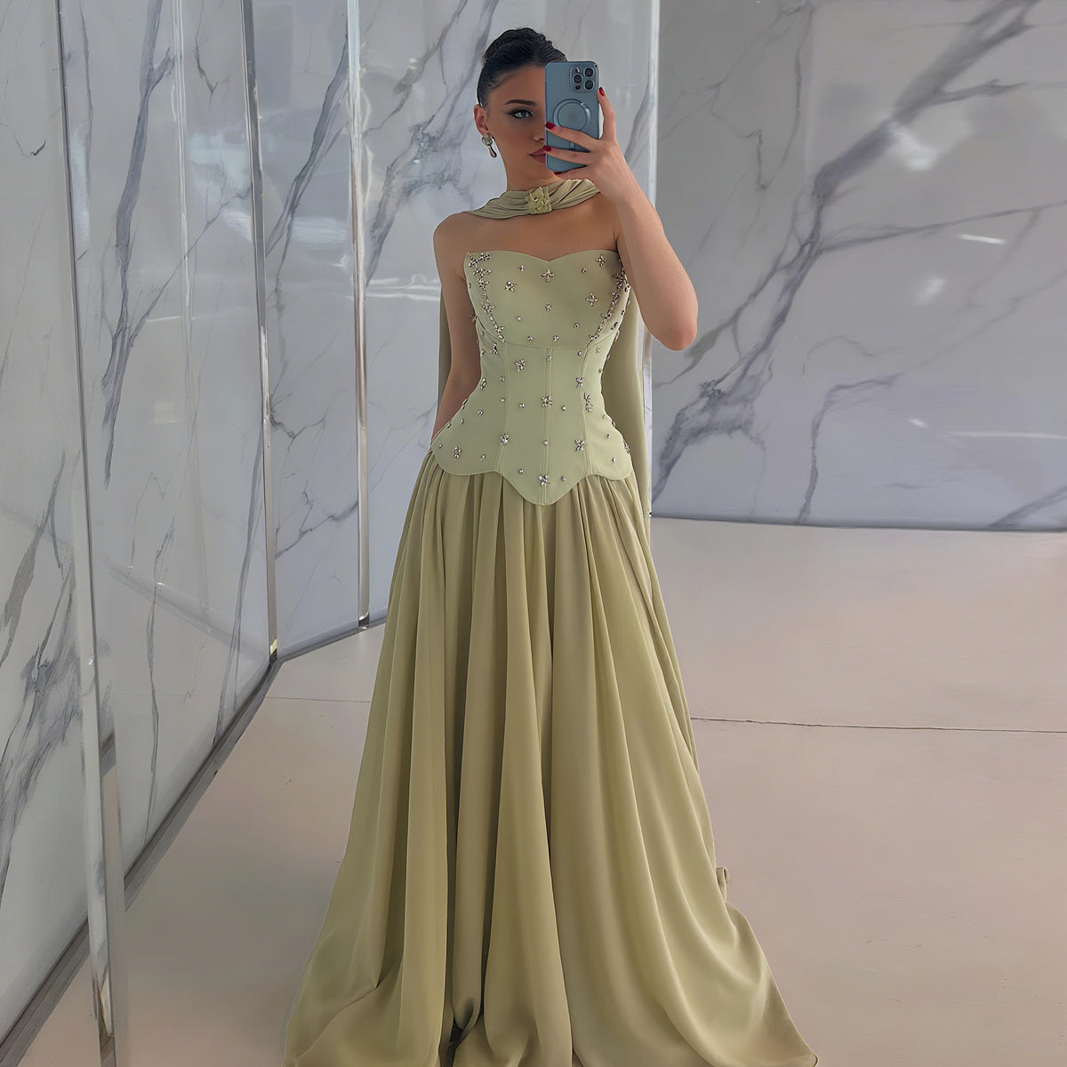 Elegant Sage Green Beaded Beaded Corset Evening Dress with Scarf SF226