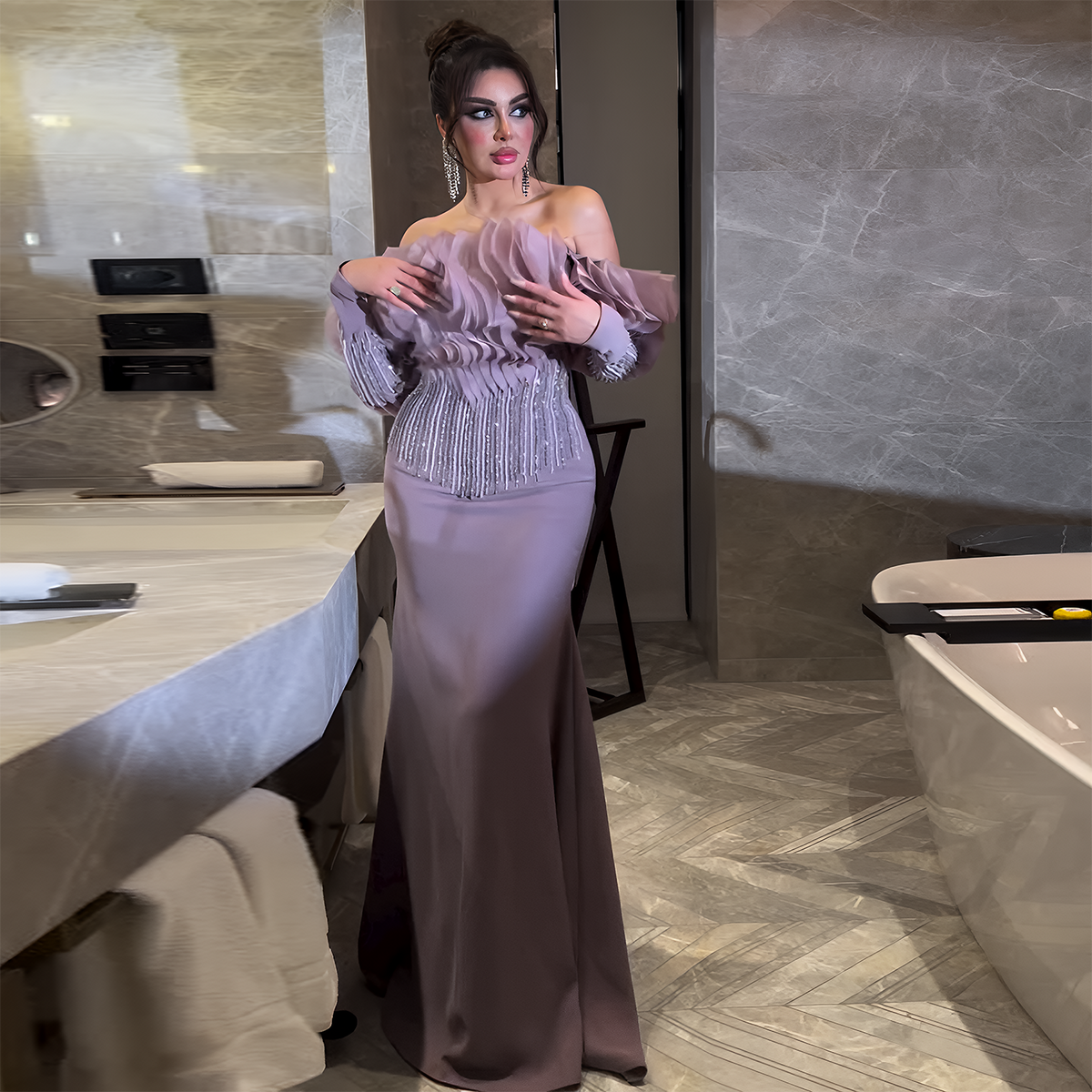 Elegant Beaded Lilac Off Shoulder Evening Dress XD-006