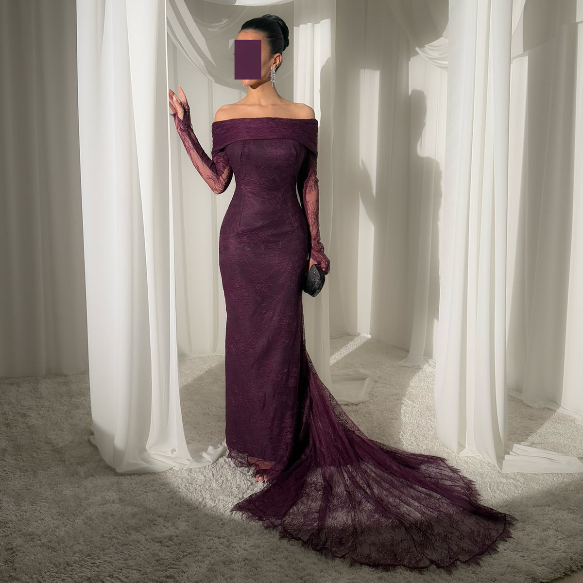 Luxury Purple Off Shoulder Lace Arabic Evening Dress SF205