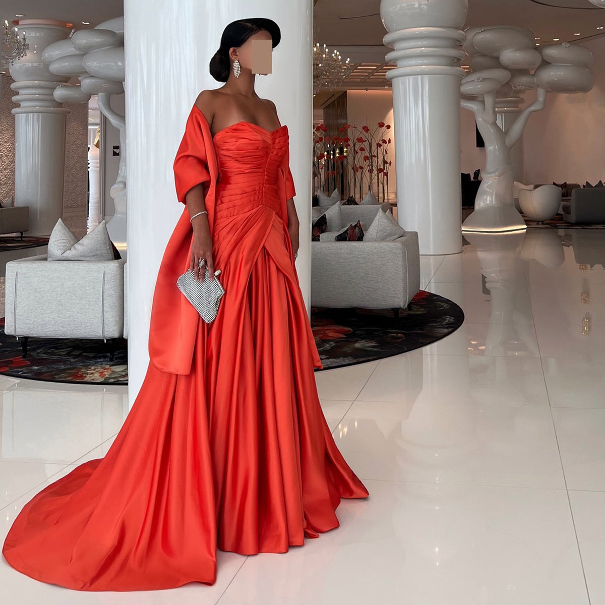 Elegant Orange Strapless Satin Evening Dress with Overskirt SF261