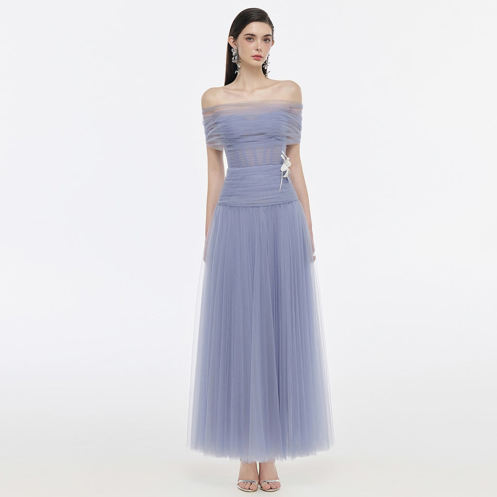 Elegant Light Blue Off Shoulder Evening Dress with 3D Flower SF422