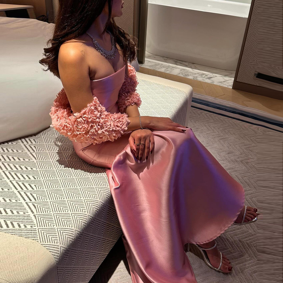 Luxury Pink Evening Dress with 3D Floral Capelet SF203