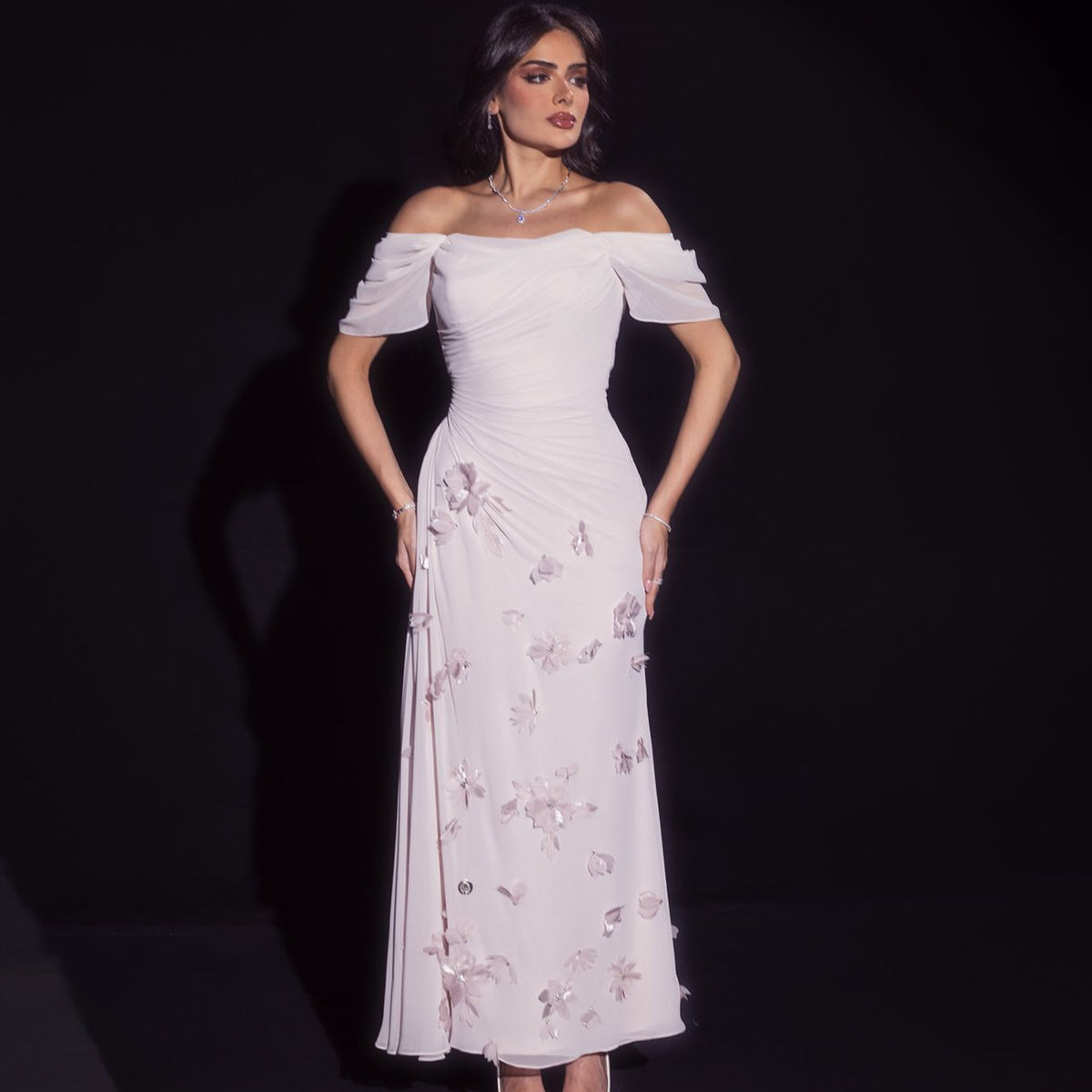 Elegant Pink 3D Flowers Off Shoulder Evening dress SF313