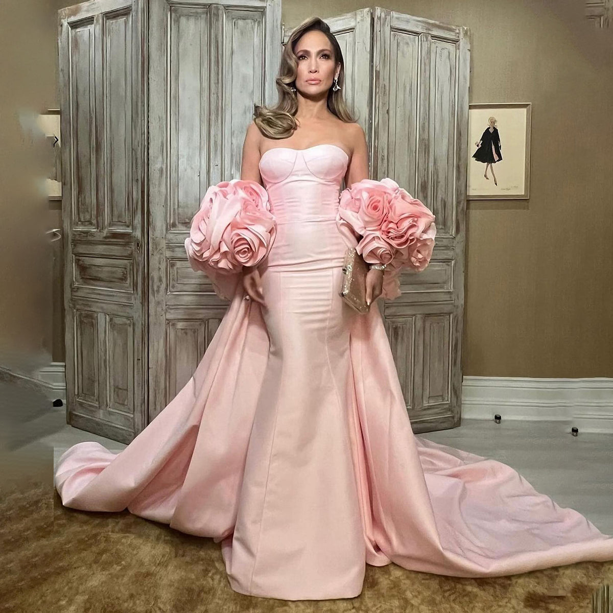 Glamorous 3D Floral Pink Evening Dress with Overskirt SF346