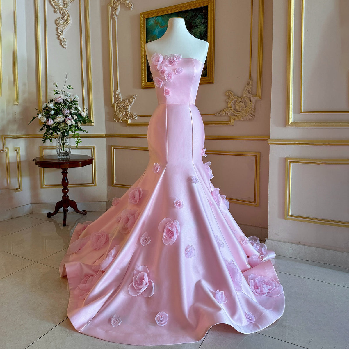 Luxury 3D Floral Pink Strapless Mermaid Evening Dress SF178