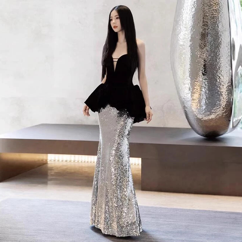 deep v neck peplum dress Terani Couture 252M5359 - Long Stretch Mikado Mermaid Dress