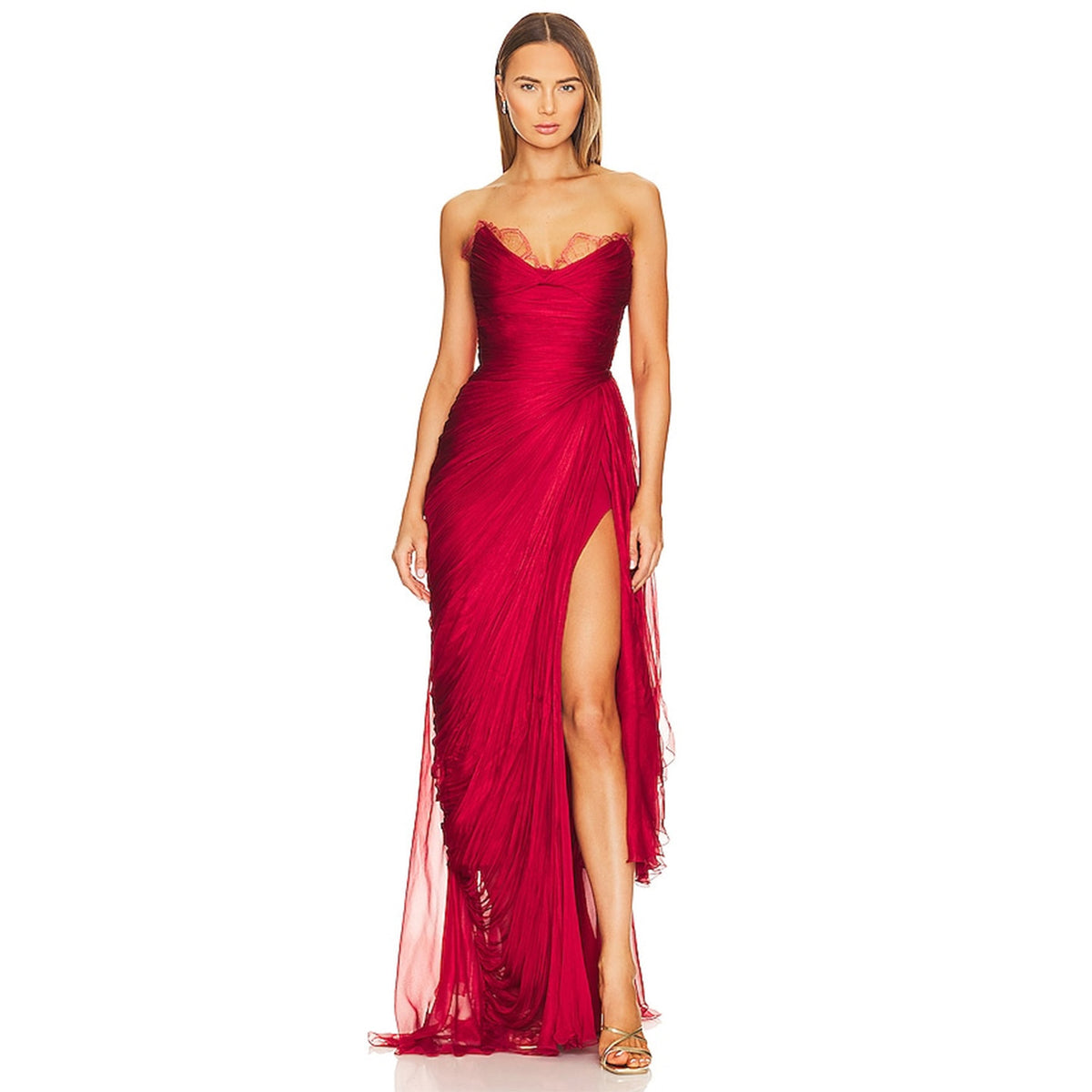 Elegant Red Strapless Evening Dress with High Slit SF398