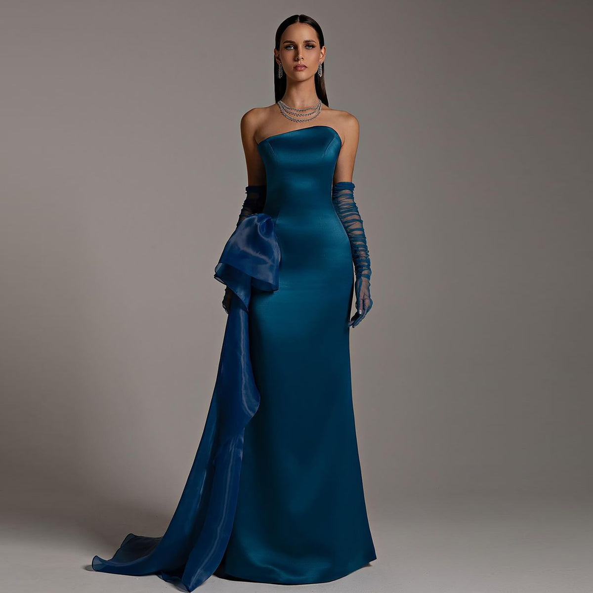 Elegant Strapless Blue Mermaid Evening Dress with Gloves SF276