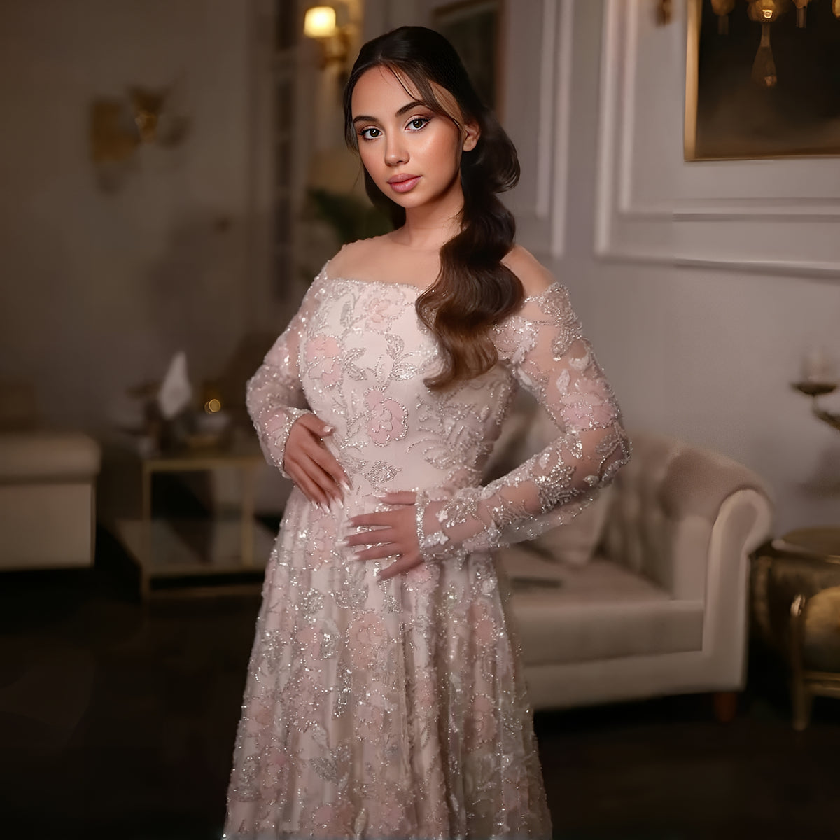 Elegant Pink Long Sleeve Beaded Embroidered Evening Dress SS638