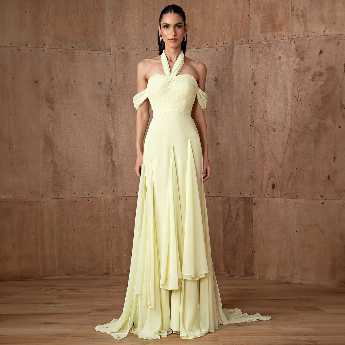 Luxury Yellow Halter Evening Dress with Pleats SF036