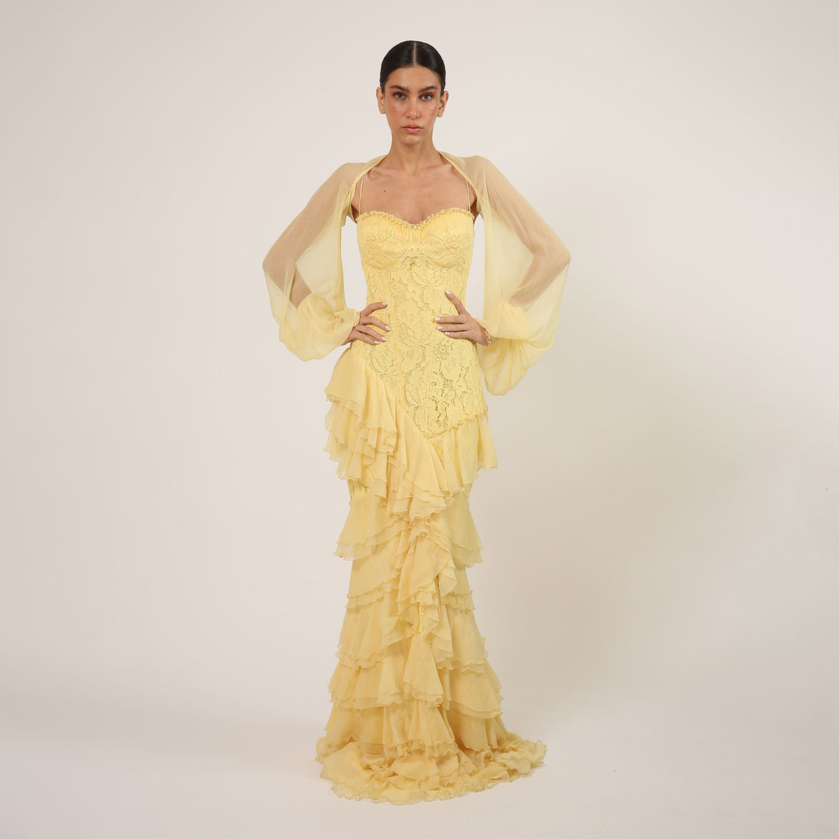 Elegant Yellow Tiered Ruffles Evening Dress with Cape Sleeve SF356