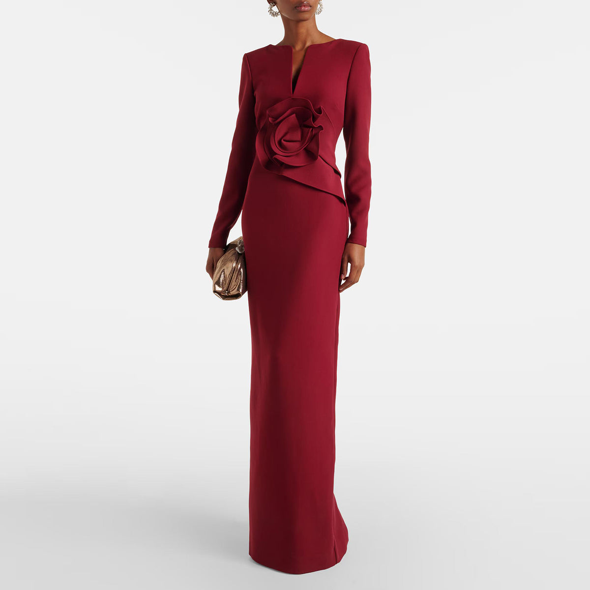 Luxury Wine Red Long Sleeve Evening Dress with 3D Flower SF010