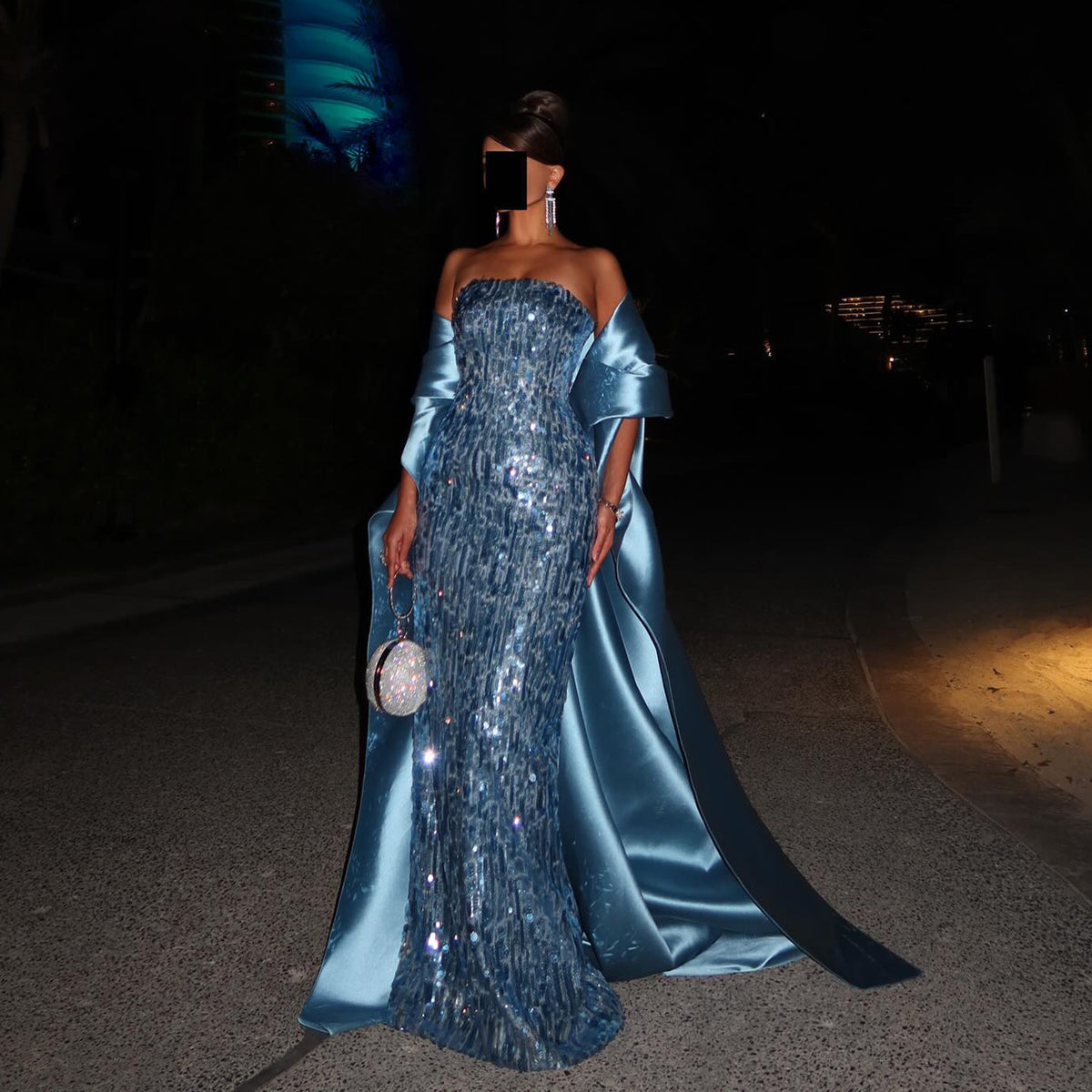 Luxury Turquoise Blue Sequined Evening Dress with Cape SF165