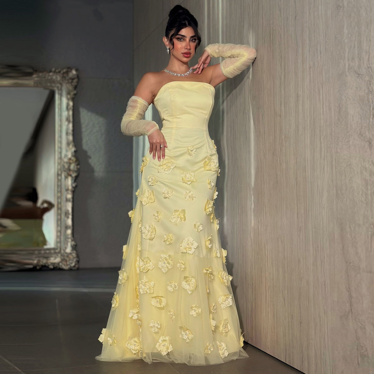 Luxury 3D Floral Yellow Long Sleeves Evening Dress SF126