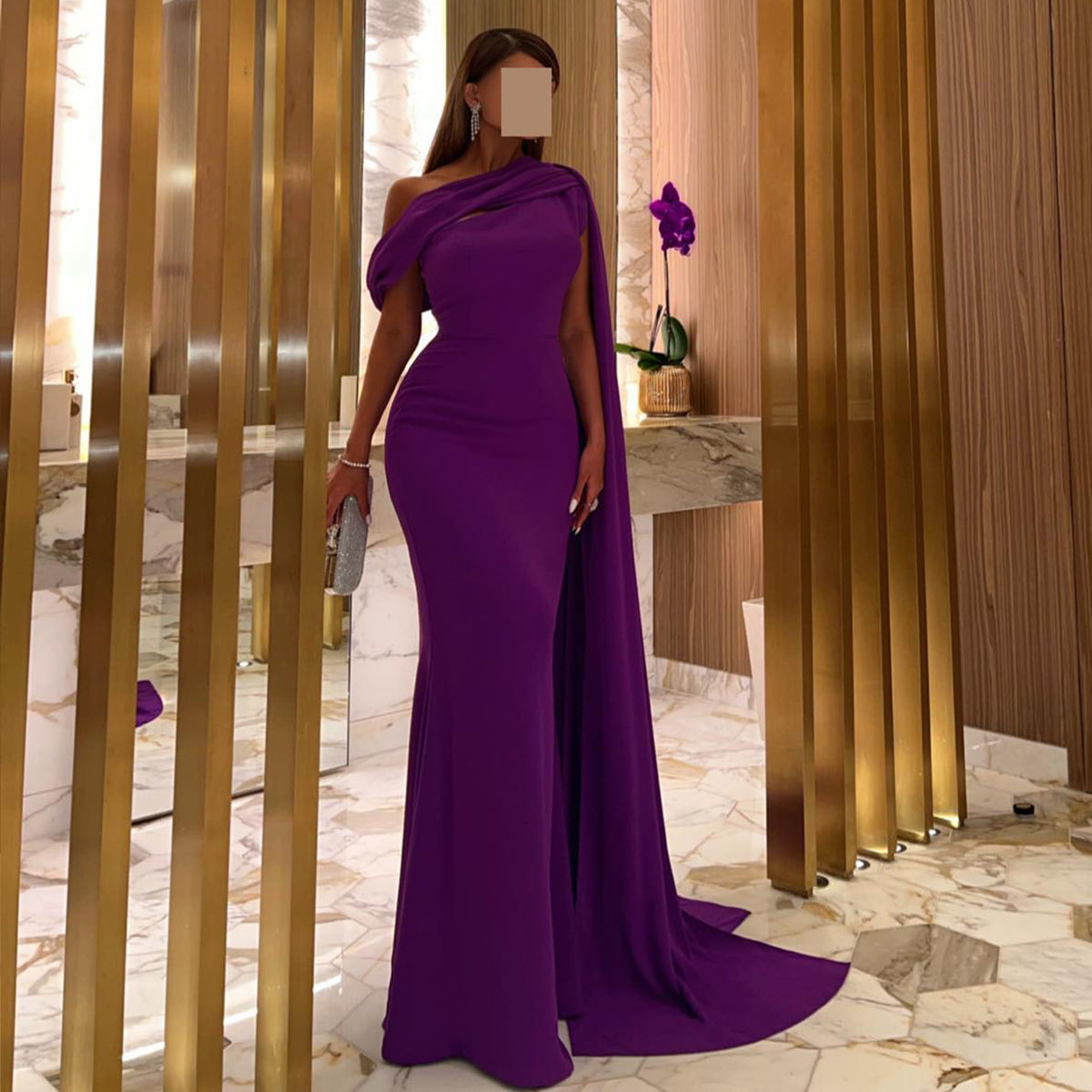 Elegant Purple Mermaid Evening Dress with Cape Sleeve SF112