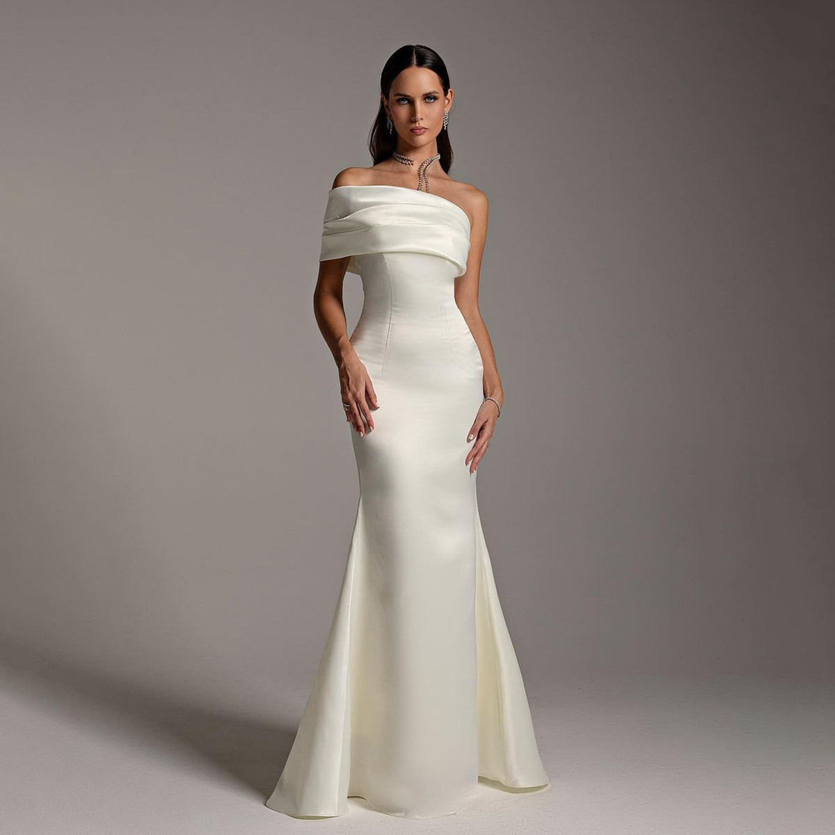 Elegant White One Shoulder Mermaid Evening Dress SF364