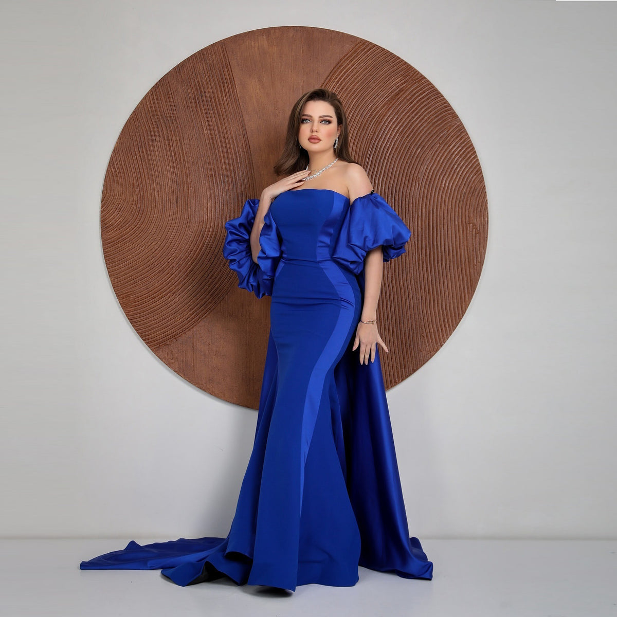 Elegant Blue Puff Sleeves Evening Dress with Overskirt SF136
