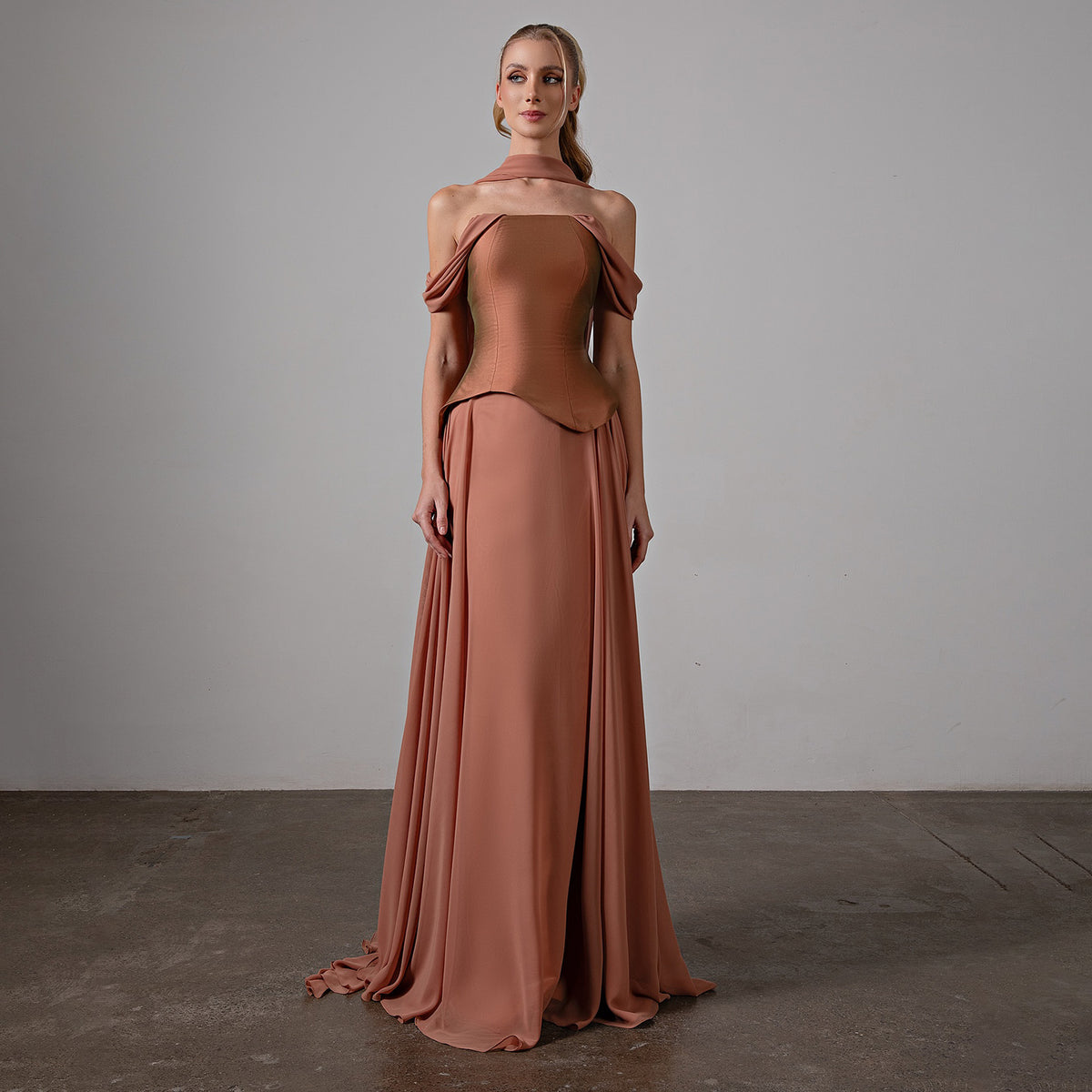 Elegant Brown Off-Shoulder Chiffon Evening Dress with Scarf SF593