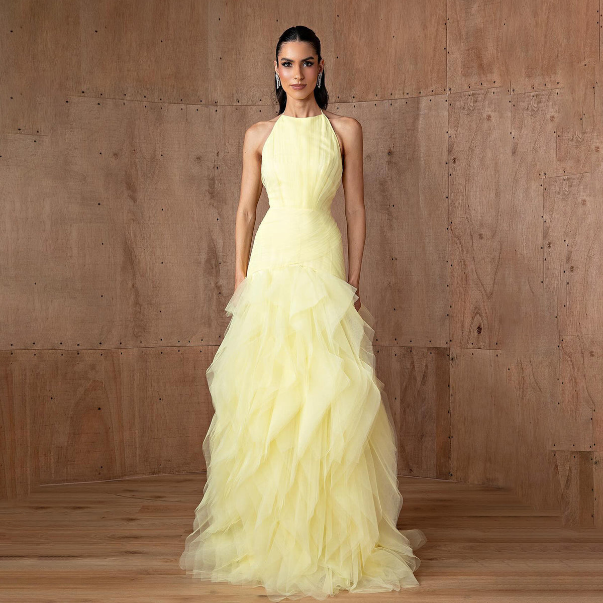 Elegant Halter Yellow Ruffles Mermaid Evening Dress SF377