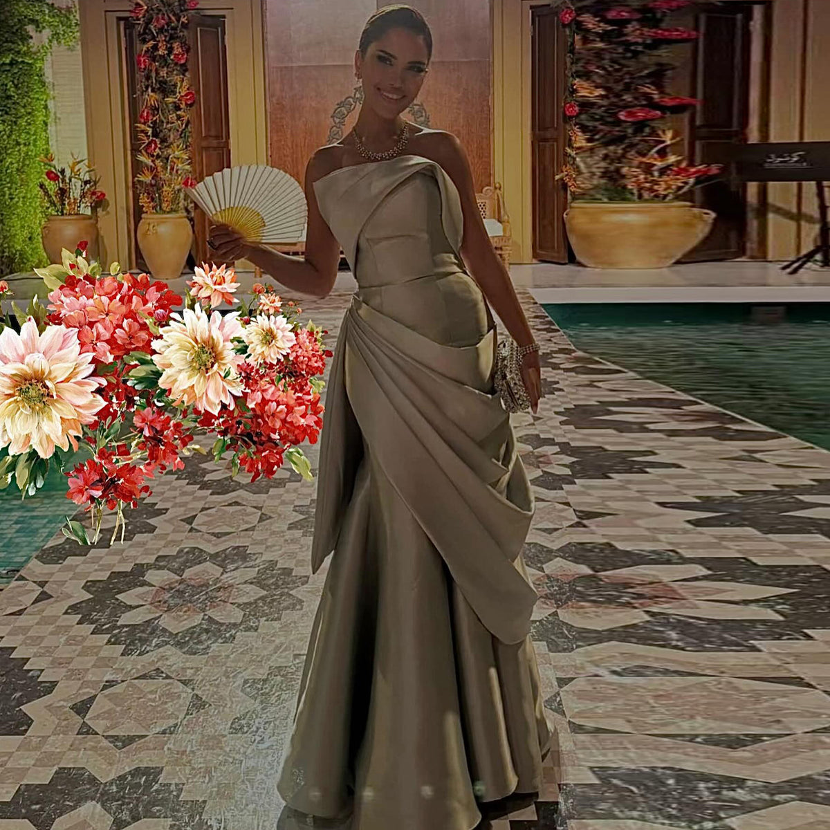 Elegant Silver Gray Strapless Pleated Evening Dress SF231