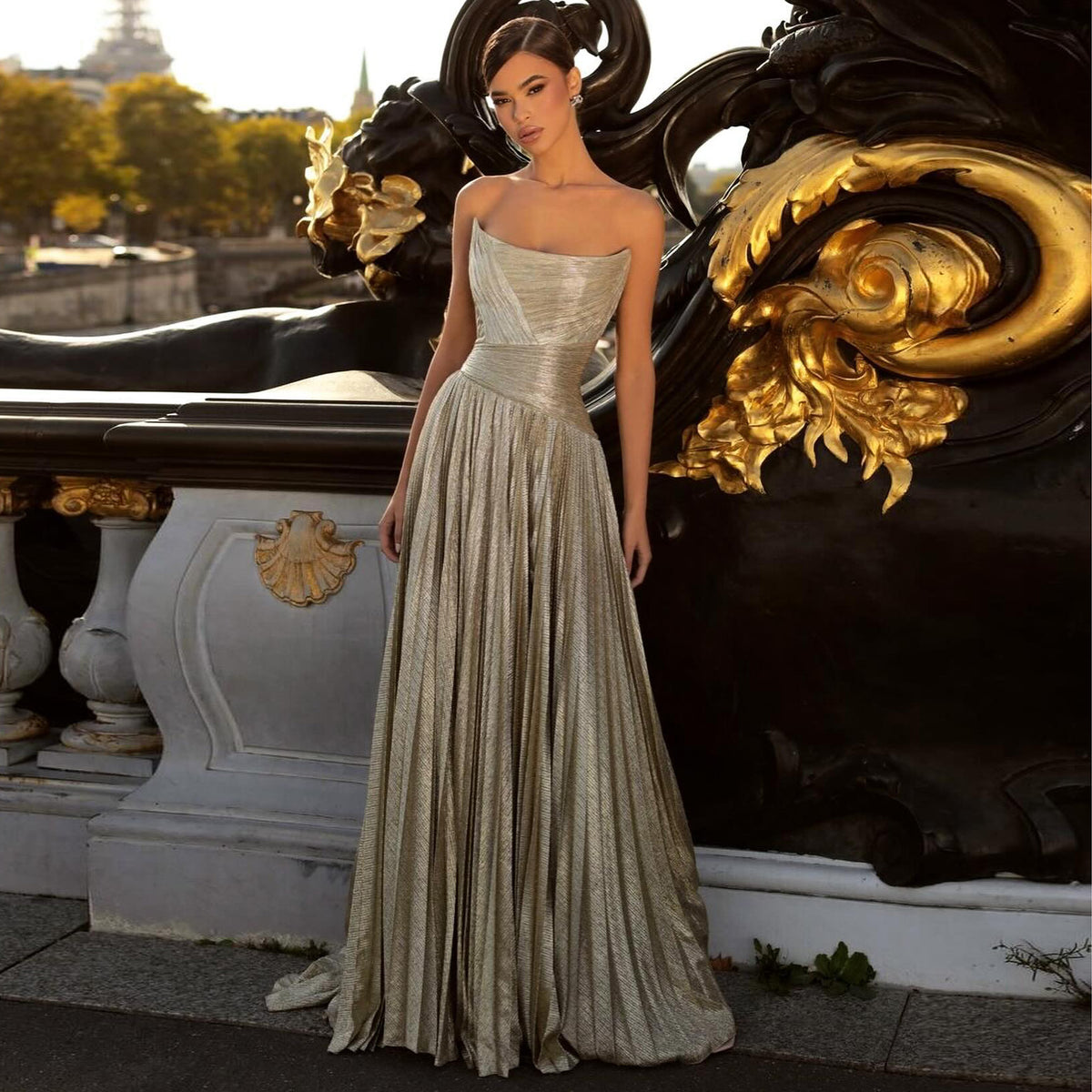 Elegant Gold Pleats Strapless Draped Evening Dress SF208