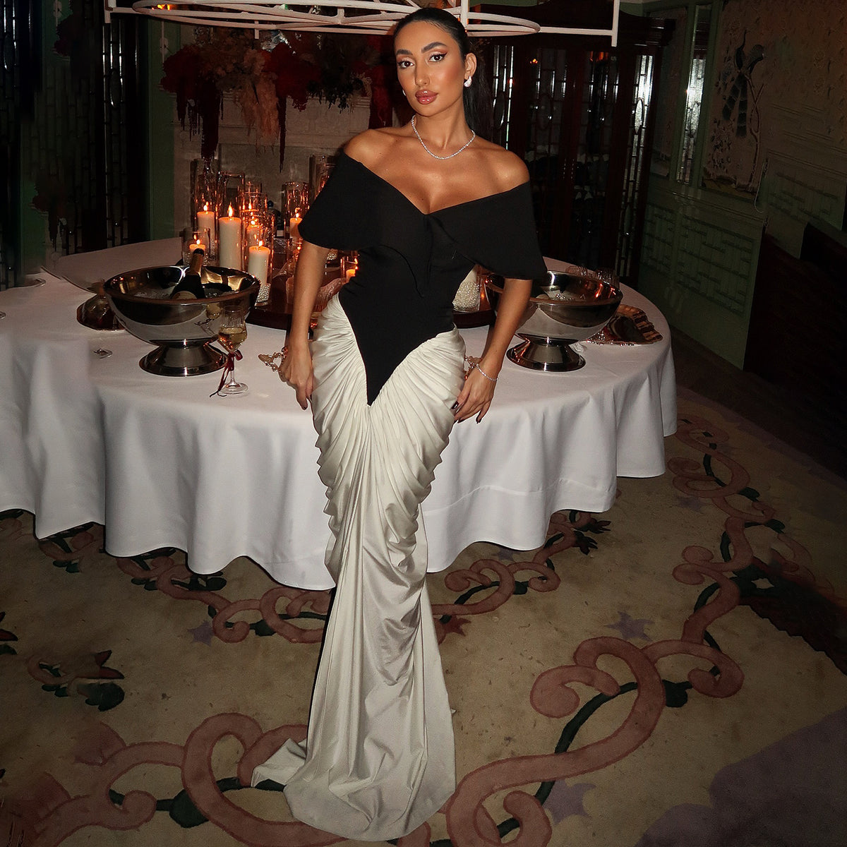 Elegant White&Black Off Shoulder Mermaid Evening Dress SF531