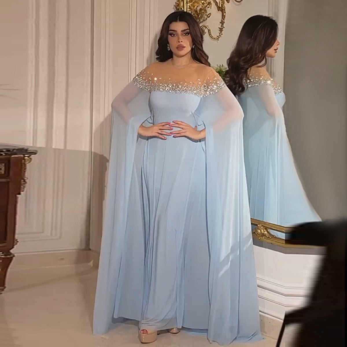 Luxury Crystal Baby Blue Evening Dress with Cape Sleeves SS308