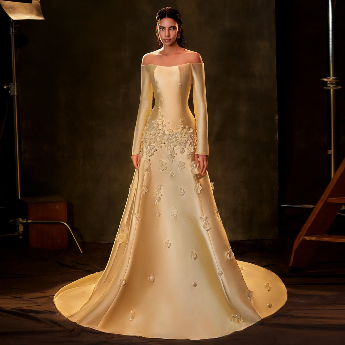 Elegant 3D Flowers Yellow Off Shoulder Evening Dress with Long Sleeves SS537