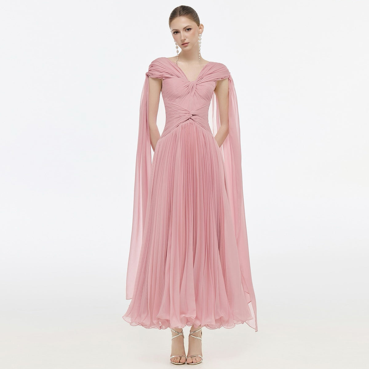 Romantic Pink Ruffles Evening Dress with Cape Sleeves SF421