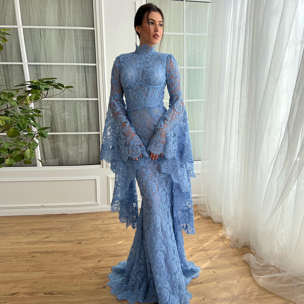 Luxury Blue High Neck Mermaid Evening Dress SF217