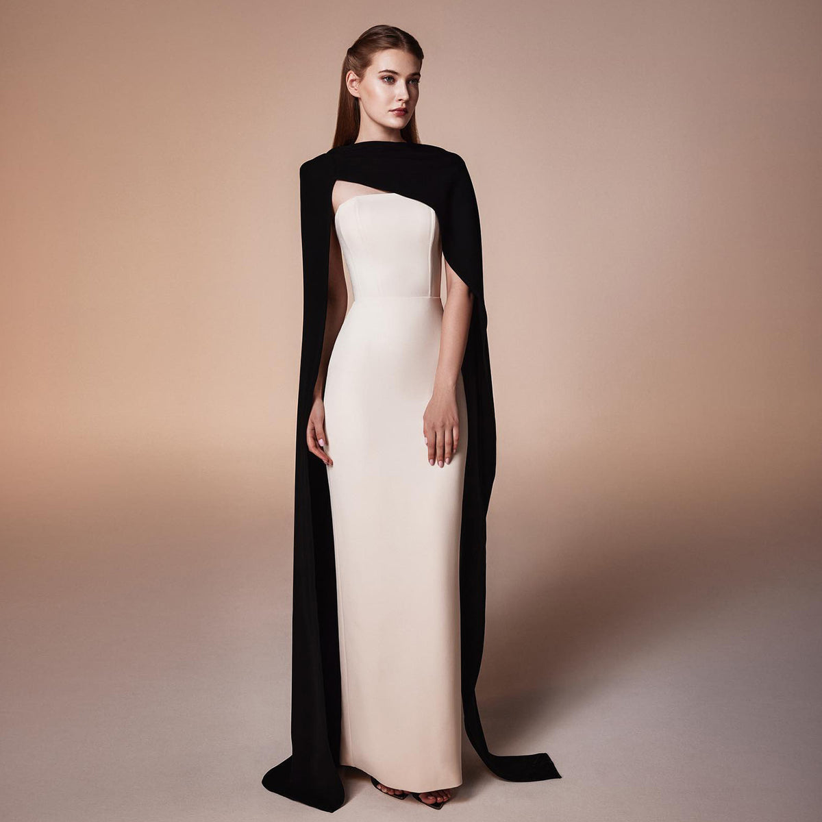 Elegant Beige Strapless Evening Dress with Cape Sleeve SF104