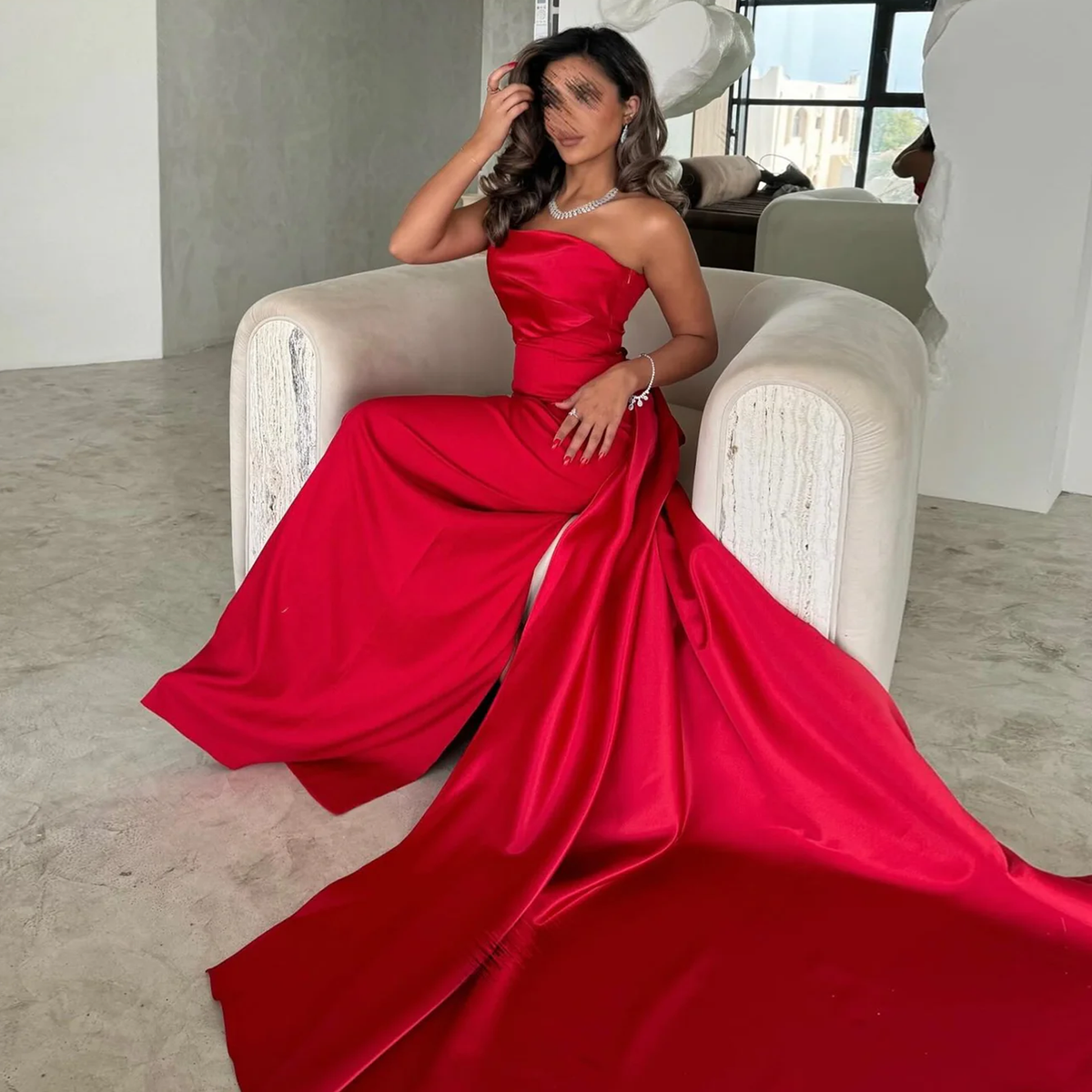 Arabic Burgundy Strapless Evening Dress with Overskirt SF118